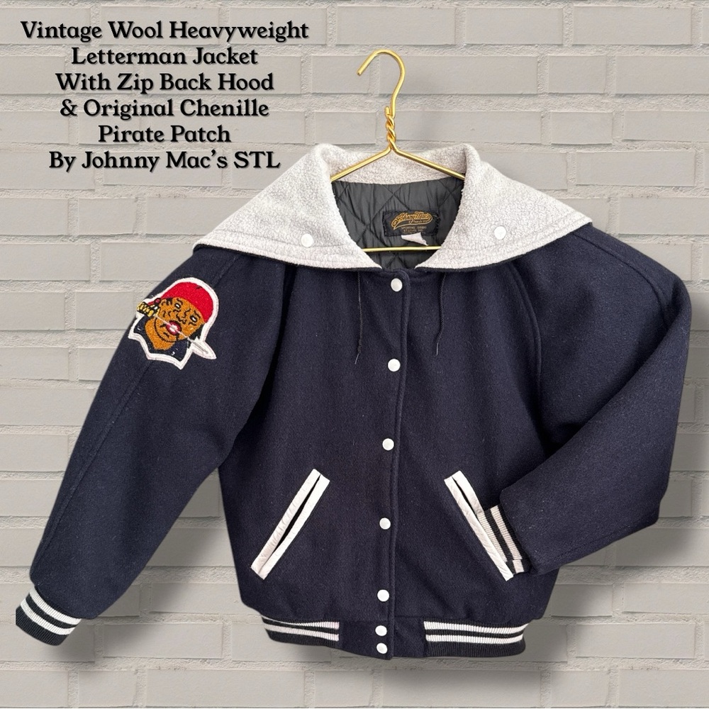 Vintage Navy Wool‎ Letterman Jacket With Original Chenille Pirate Patch